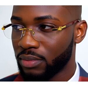 Rimless Glasses Gold Accents Wood Arms HipHop Fashion Men Street Wear Clear Lens